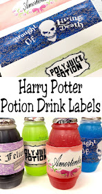 Create a fun drink addition to your Harry Potter party with these Harry Potter potion drink labels. These free printable drink labels are the perfect addition to a Potions dessert table with four of Harry Potter's famous potions. You'll find "Felix Felicis", "Poly Juice Potion", "Amortentia", and "Drought of Living Death". #halloweenparty #madscientistparty #harrypotterparty #diypartymomblog