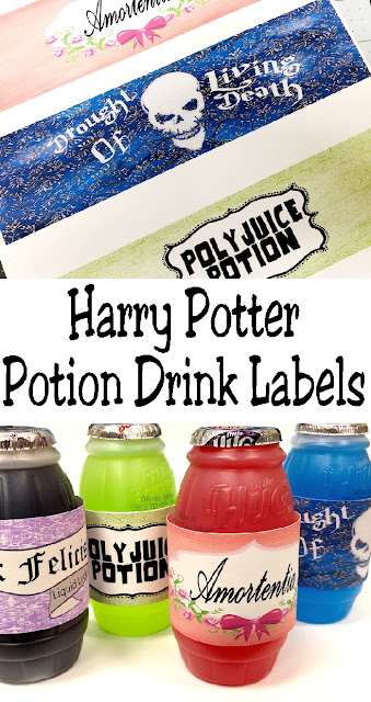 Create a fun drink addition to your Harry Potter party with these Harry Potter potion drink labels. These free printable drink labels are the perfect addition to a Potions dessert table with four of Harry Potter's famous potions. You'll find "Felix Felicis", "Poly Juice Potion", "Amortentia", and "Drought of Living Death". #halloweenparty #madscientistparty #harrypotterparty #diypartymomblog