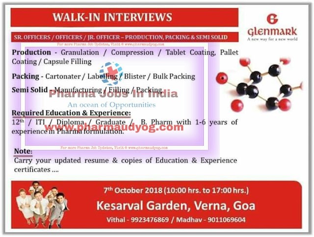 Glenmark | Walk-In for Production/Packing | 7th October 2018 | Goa