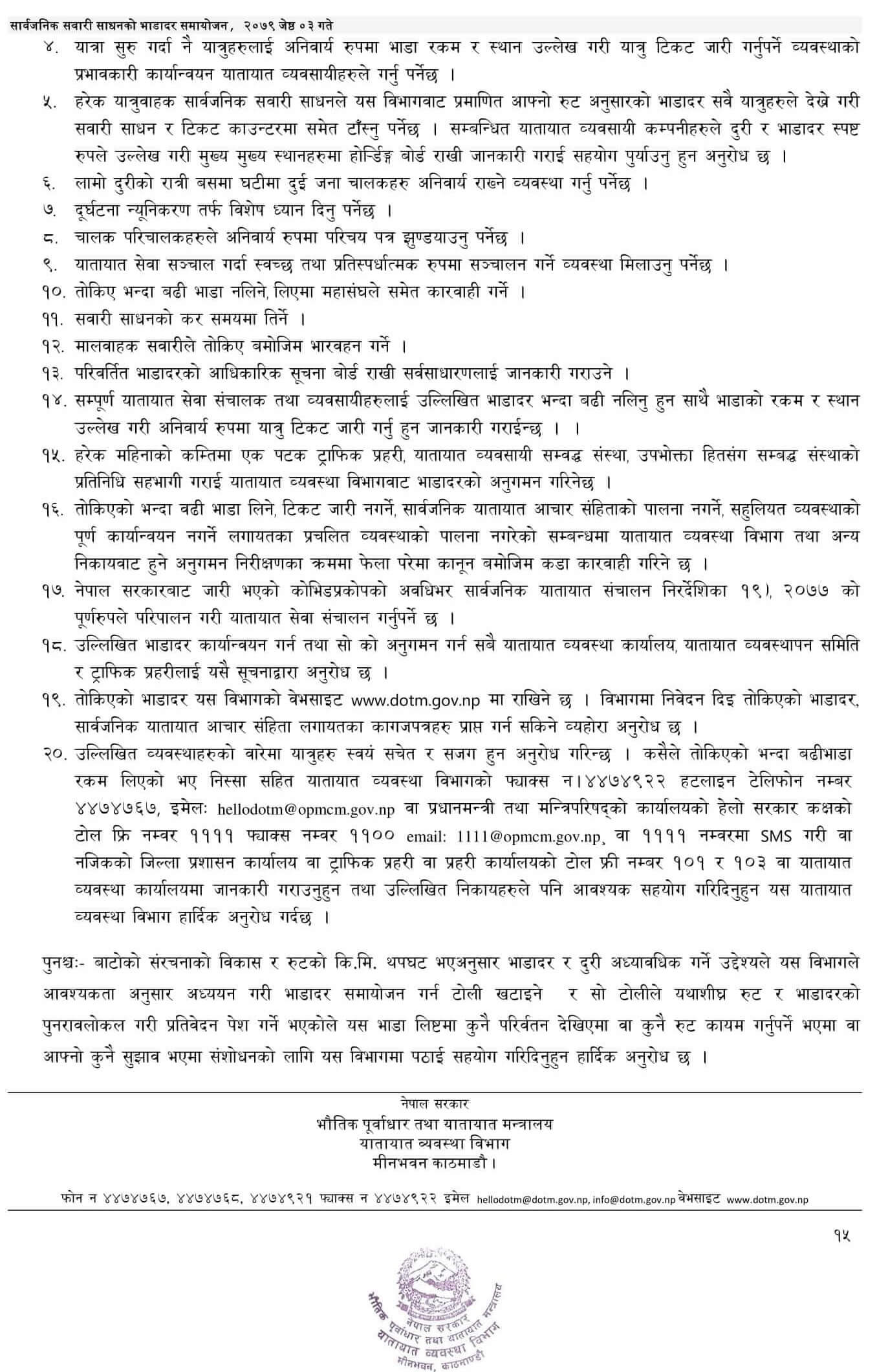 List of Public Transpiration New Fare in Nepal