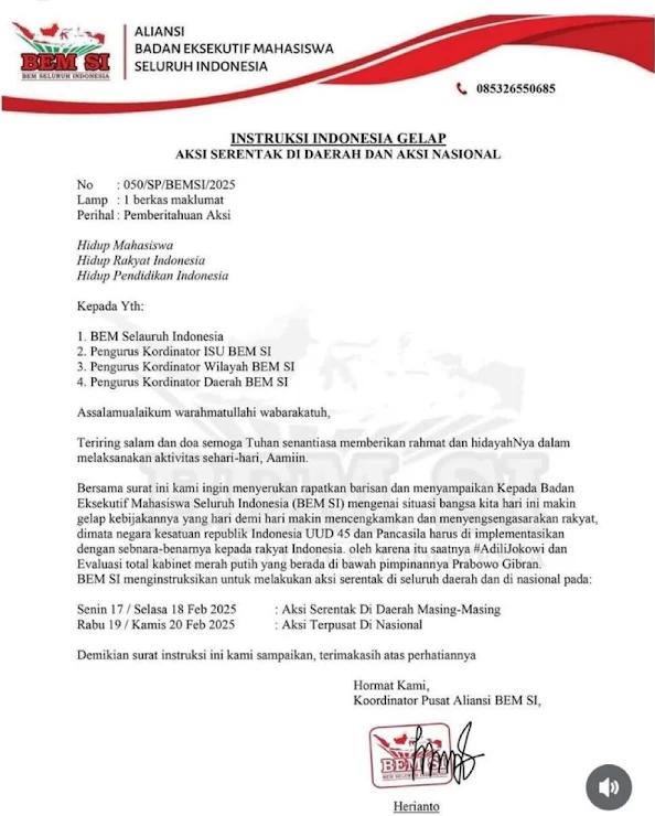 ALIANSI BADAN EKSEKUTIF MAHASISWA SELURUH INDONESIA  BEM SI Gelar Aksi Hari Ini ADILI JOKOWI & EVALUASI TOTAL KABINET PRABOWO
