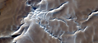 snow on the tops of dunes seen from the air, white starry branches, hazy fantastic view from the imagination,