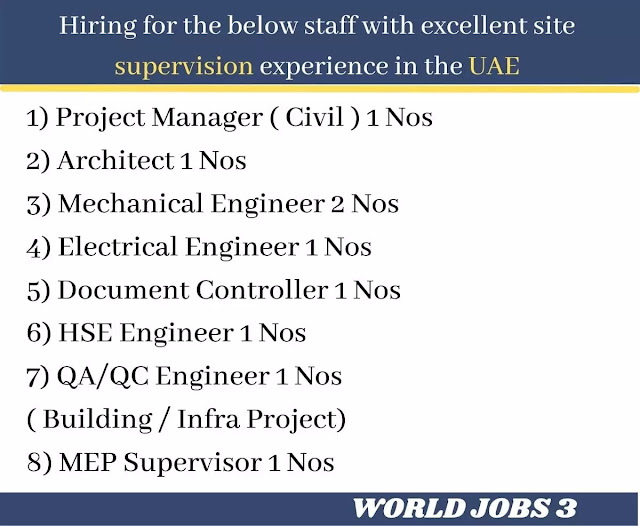 Hiring for the below staff with excellent site supervision experience in the UAE
