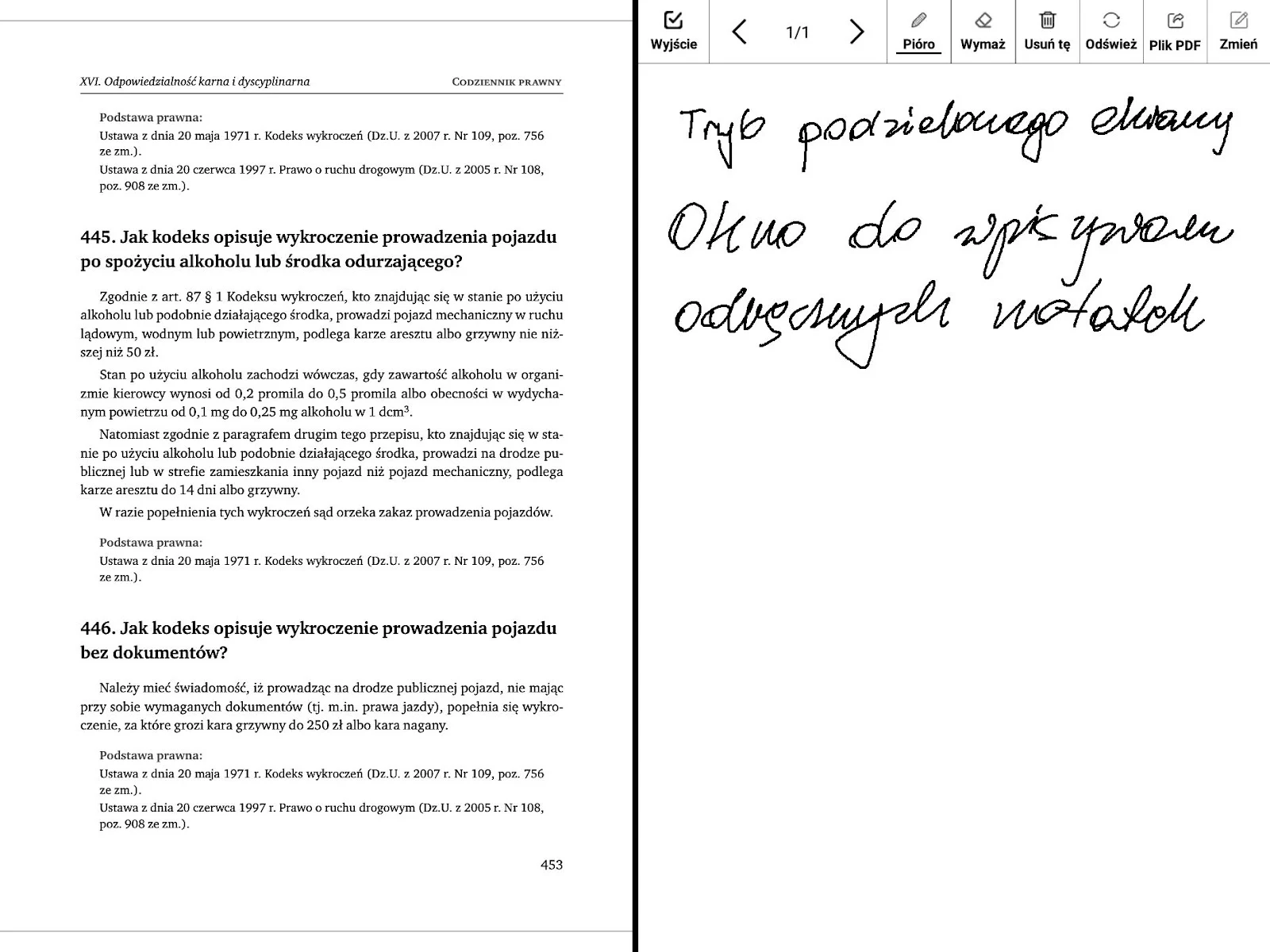 Tryb podzielonego widoku ekranu w aplikacji Xreader na PocketBook InkPad X Pro z otwartą książką i aplikacją do odręcznych notatek