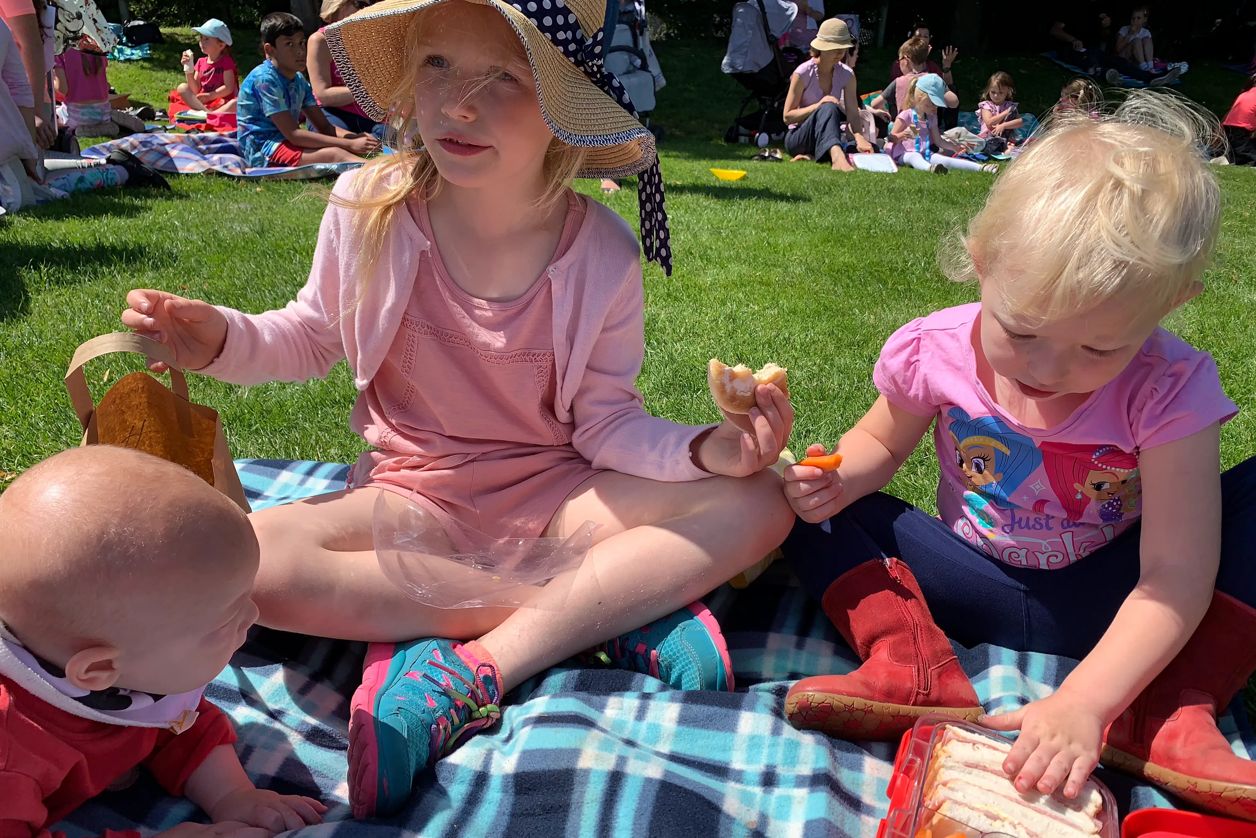 children eating a picnic on a blanket at an event