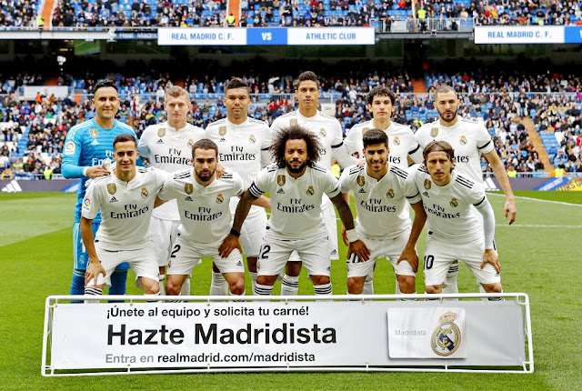 REAL MADRID C. F. Temporada 2018-19. Keylor Navas, Kroos, Casemiro, Varane, Vallejo, Benzema. Lucas Vázquez, Carvajal, Marcelo, Marco Asensio y Modric. REAL MADRID C. F. 3 ATHLETIC CLUB DE BILBAO 0. Domingo 21/04/2019, 16:15 horas. Campeonato de Liga de 1ª División, jornada 33. Madrid, estadio Santiago Bernabeu (59.150 espectadores). GOLES: 1-0: 47’, Benzema. 2-0: 76’, Benzema. 3-0: 90+1’, Benzema.