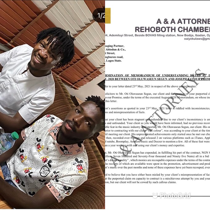 O.T Records Terminates Contract With Kidwhite And Ask Him To Pay The Sum Of NGN 8,774,095 As Expenses For Breaching His Contract 