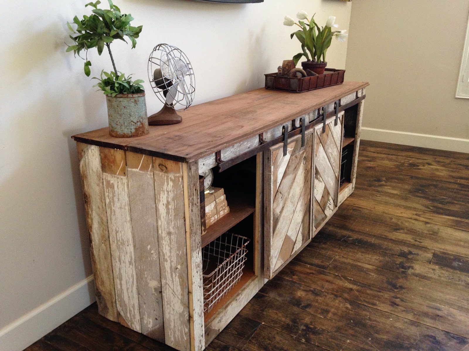 Ana White | Grandy Sliding Door Console - DIY Projects - rustic distressed barn door sliding console furniture