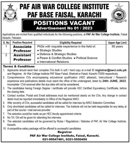 PAF Air War College Teaching jobs in  Karachi 2023