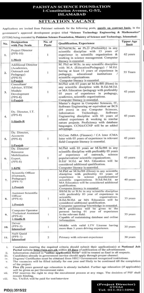 Pakistan Science Foundation (PSF) 2022