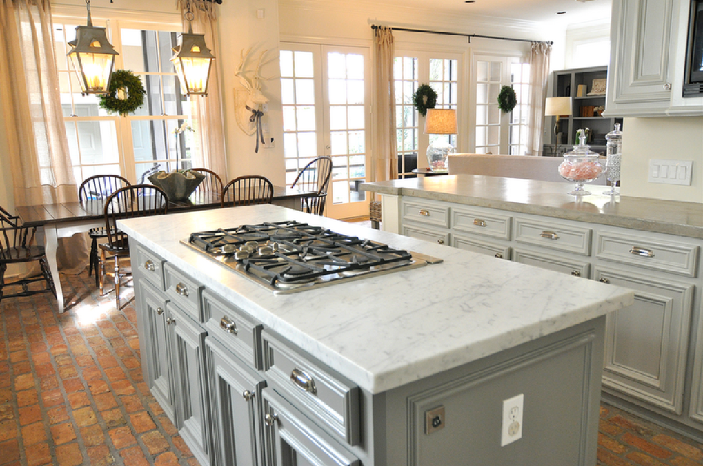 Kitchens Painted Cabinets with Brick Floors