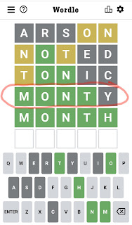 Screenshot image of a game of Wordle. The list of guesses are as follows: ARSON, NOTED, TONIC, MONTY, MONTH, with the fourth guess "Monty" circled in red.
