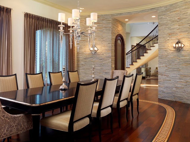 Amazing Interior Stone Veneer in Contemporary Dining Room with Black Wooden Table and Beautiful Chandelier with Silver Basic Color
