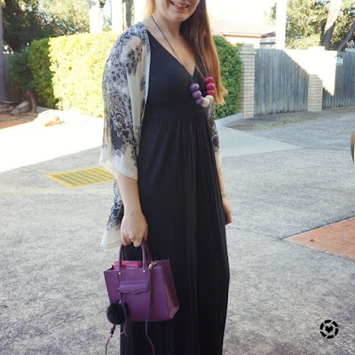 awayfromtheblue instagram black maxi dress printed kimono purple accessories