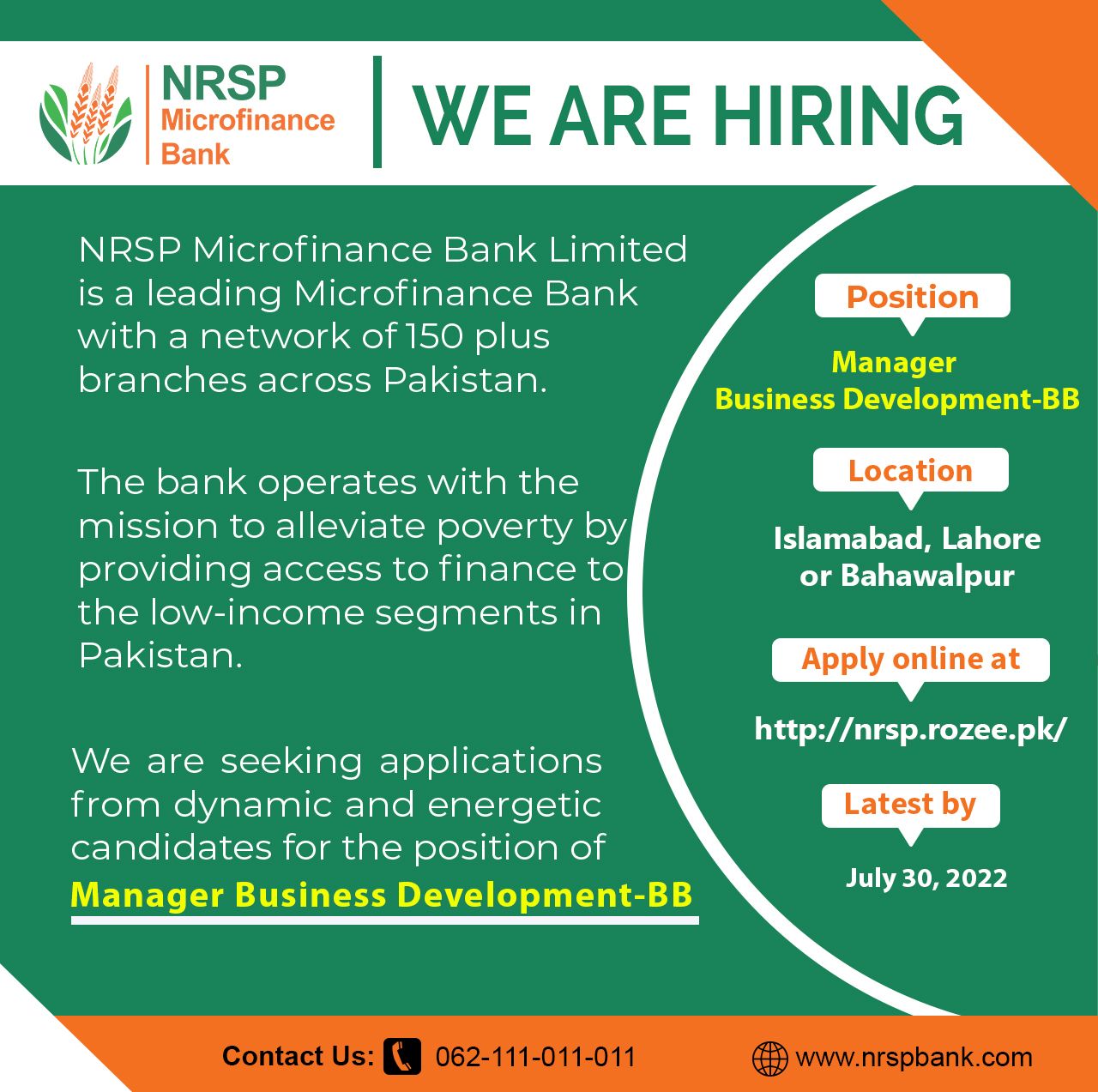 NRSP Microfinance Bank Ltd Jobs For Manager Business Development for Branchless Banking