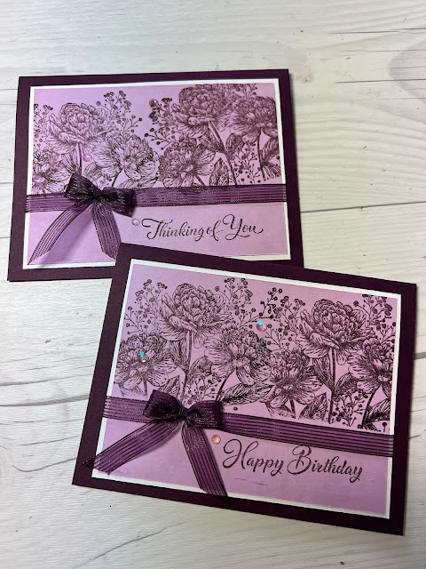 Two floral greeting cards stamped with Bouquet of Thanks from Stampin' Up!