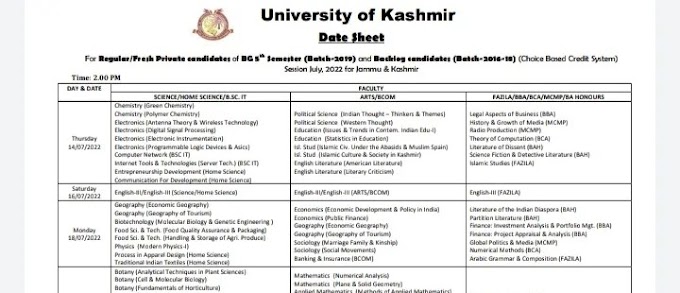 Kashmir university released datesheet for Regular/Fresh Private candidates of BG 5th Semester (Batch-2019) and Backlog candidates (Batch-2016-18)