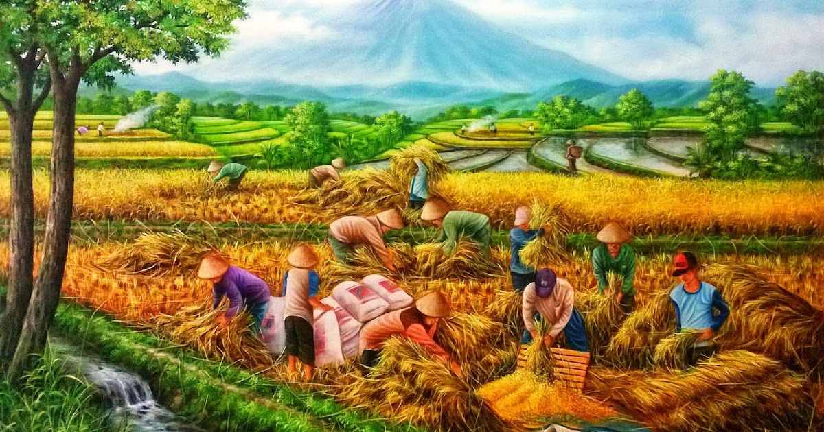 25 Inspirasi Keren Lukisan Pemandangan  Sawah Dan Petani 