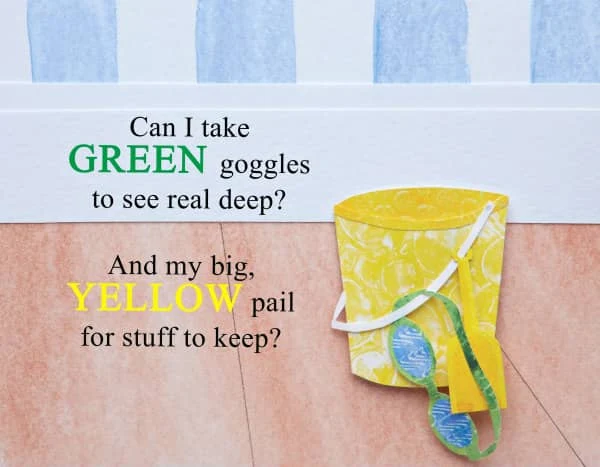 paper collage book page illustration of yellow pail and green swim goggles