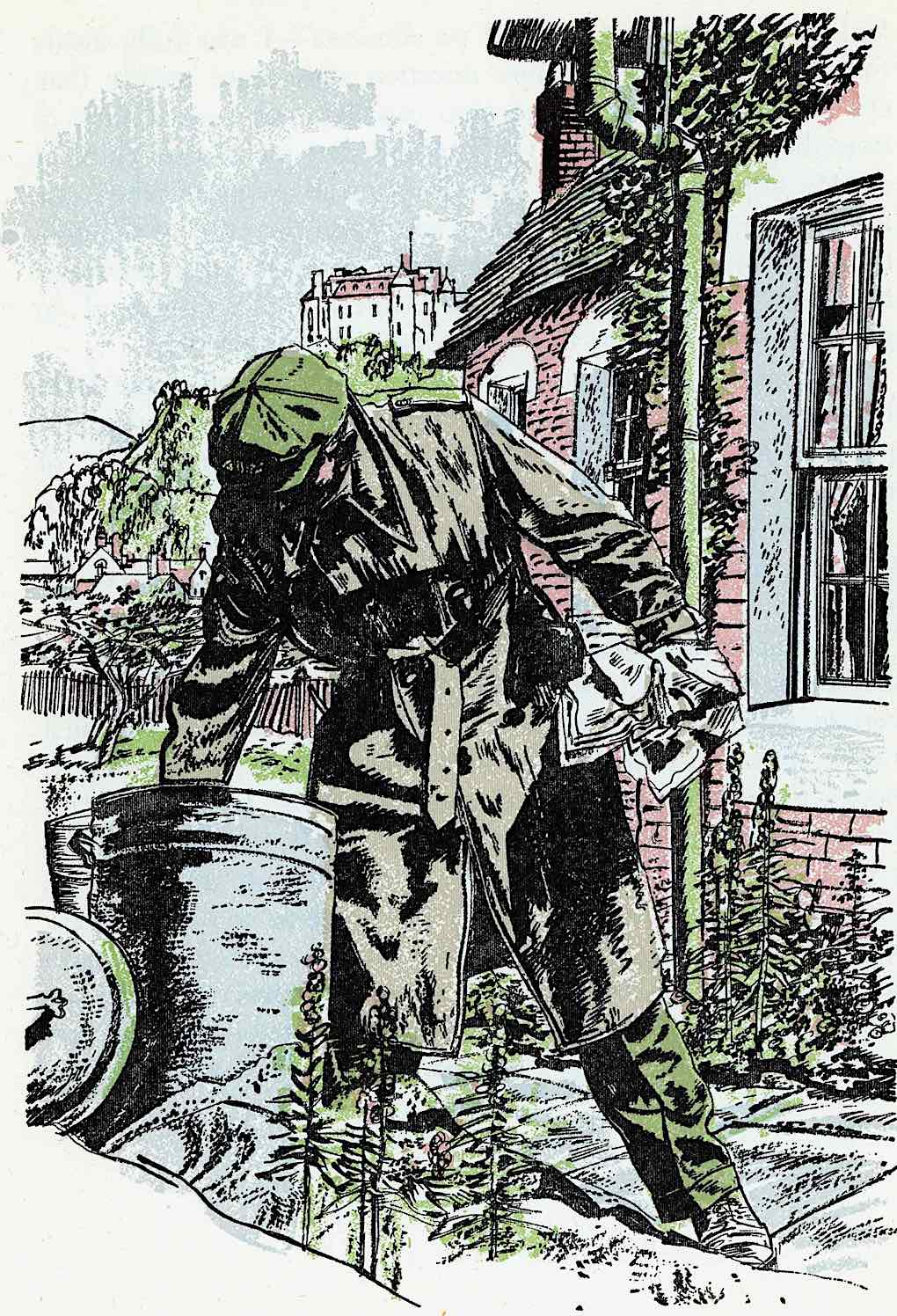 a Robert Fawcett illustration of a man or detective searching a trash can