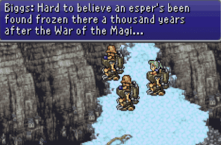 Says Biggs: Hard to belief an Esper's been found frozen there a thousand years after the War of the Magi ... shows  a woman with blue hair in like robotic mech suit and shows two men soliders style in mech suits as well in snow mountain area .png