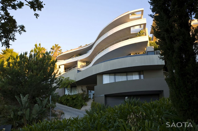 Picture of modern mansion house surrounded by vegetation