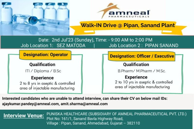 Amneal Pharmaceutical Walk In Interview For Operator/ Officer / Executive