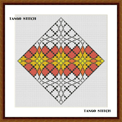 Easy orange green ornament cross stitch embroidery pattern - Tango Stitch