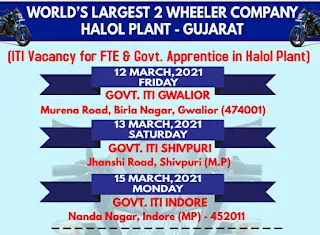 ITI Job Campus Placement For  Hero Motocorp Gujarat Plant  On 12th, 13th & 14th March at Govt ITI Gwalior,  Shivpuri & Indore , M.P.