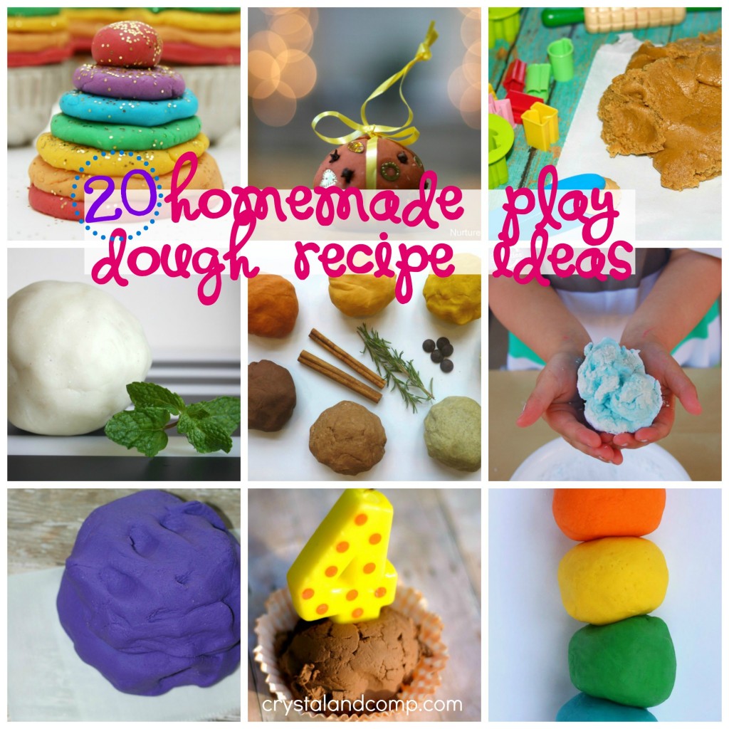 http://crystalandcomp.com/2014/06/homemade-play-dough-recipe-ideas/