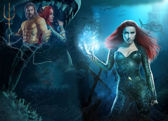 Mera shows her super power with Auqaman. An unknown enemy is behind them with a terrible shark.