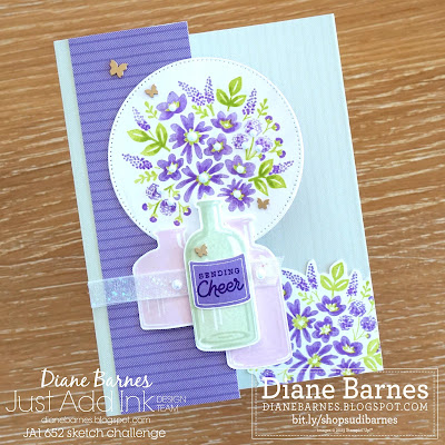 handmade floral card using Stampin Up Bottled Happiness stamp set, Vintage Bottle punch, Stylish Shapes dies, and coloured with ink and Stampin' Blends markers. Card by DI Barnes - Stampin Up demonstrator in Australia - colourmehappy - stampinupcards - cardchallenges - sketch challenge