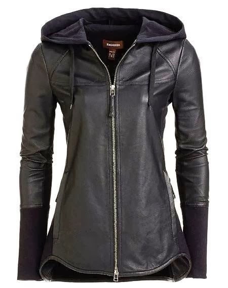 Elegant Black Leather Hooded Jacket
