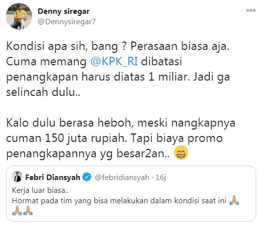 Denny Siregar Sentil Febri Diansyah yang Apresiasi Kerja KPK dalam Kondisi Saat Ini