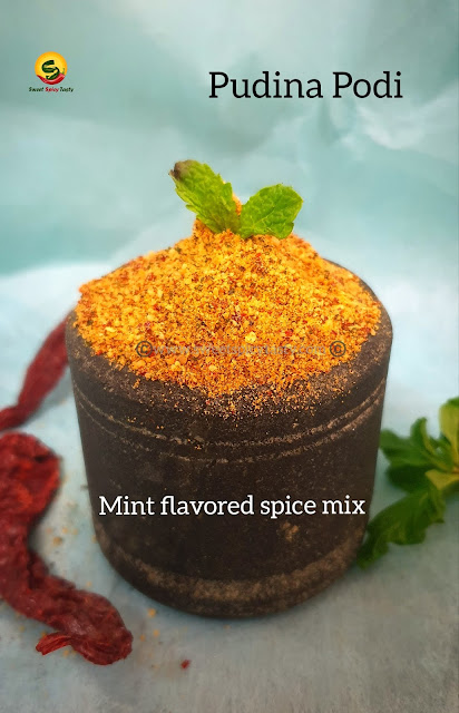 Pudina podi is an aromatic and flavorful spice mix made by roasting and blending udad dhall , chillies and fresh mint leaves. Pudina pudi ,mint podi , pudina karram podi , mint flavored spice blend , mint masala , pudina masala