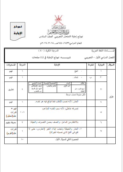 الاختبار التجريبي في اللغة العربية للصف السادس 