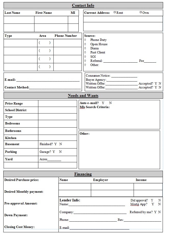 Real Estate Client Info Template Sample