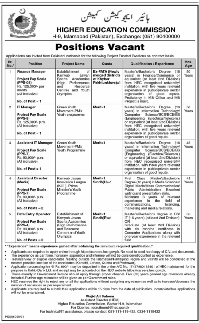 Higher Education Commission HEC Jobs Islamabad 2022