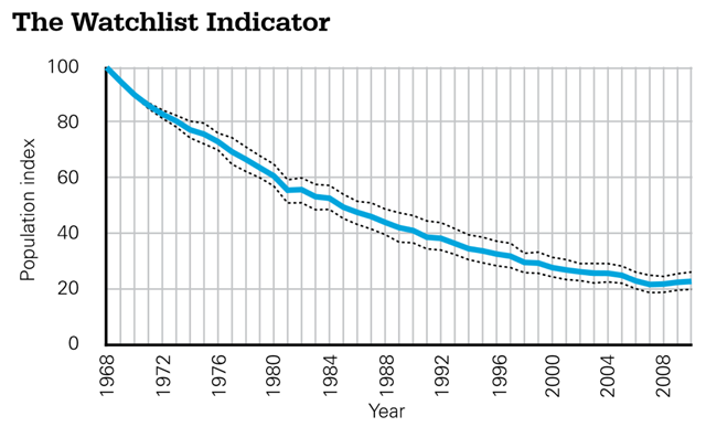 Watchlist Indicator showing the average population trend for 77 moths, 19 butterflies, 8 mammals and 51 birds listed as UK BAP priorities, 1968-2010. Species are weighted equally. The indicator starts at 100;  a rise to 200 would show that, on average, the populations of indicator species have doubled, whereas if it dropped to 50 they would have halved. Dotted lines show the 95% confidence limits. Graphic: RSPB