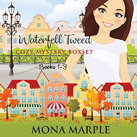 Waterfell Tweed Cozy Mystery Series: Box Set 1 audiobook cover, featuring a brightly-coloured, stylised image of a row of shops and a smiling brunette woman.