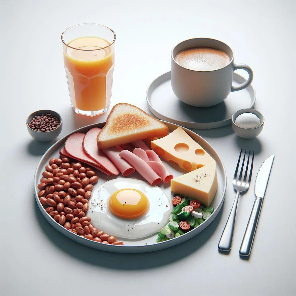 imagen creada con inteligencia artificial de un desayuno de huevo estrellado jamon queso frijoles jugo de naranja cafe pan tostado