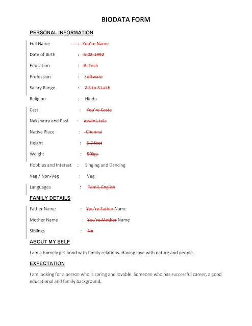 BIODATA Form for Marriage Sample