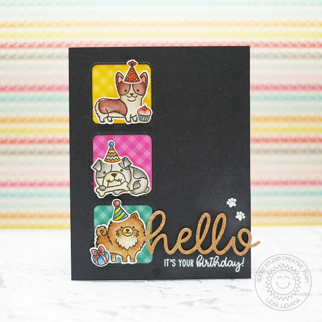 Sunny Studio Stamps: Hello Word Die Party Pups Window Trio Birthday Card by Lexa Levana