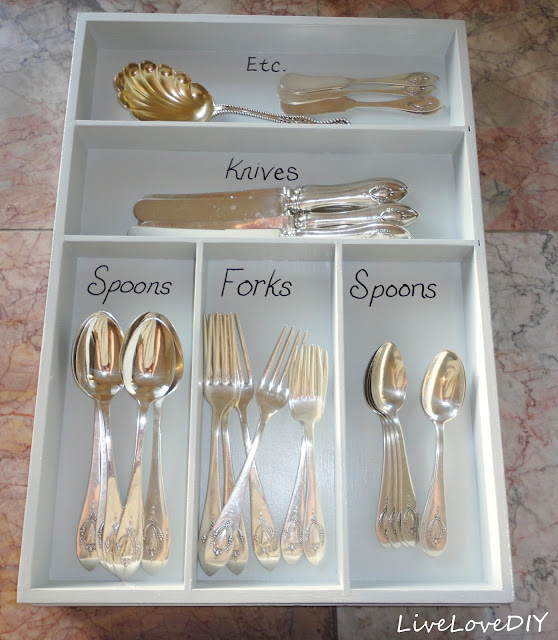DIY Tip: paint and label an old wooden silverware organizer for a fun new look!