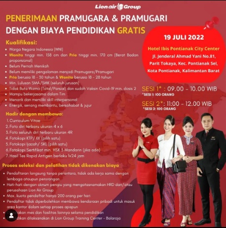 Pendaftaran Pramugari Pendidikan Gratis Lion Air Group Pontianak 2022