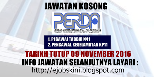 Jawatan Kosong Lembaga Kemajuan Wilayah Pulau Pinang (PERDA) - 09 November 2016 