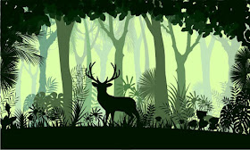 Illustration of green forest with a deer