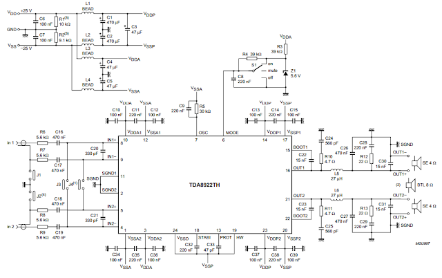 Circuit diagram TDA8922 Audio Amplifier 2 x 25W