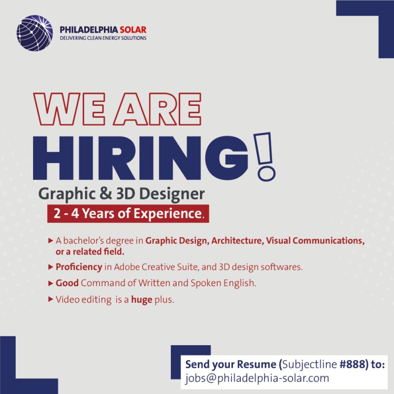 مطلوب لدى شركة متخصصة في صناعة الالواح الشمسيه في الاردن Graphic and 3D Designer مطلوب لدى شركة متخصصة في صناعة الالواح الشمسيه في الاردن Graphic and 3D Designer