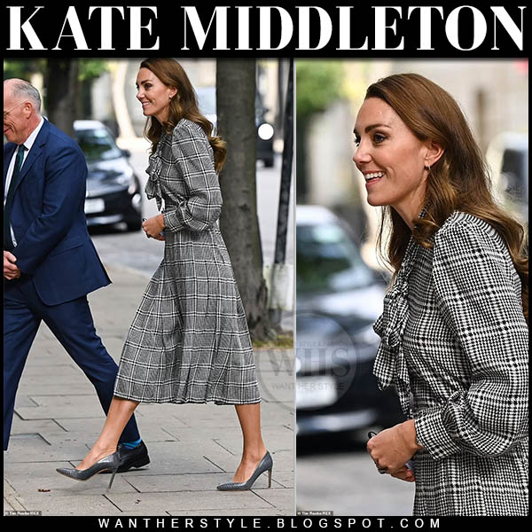 Kate Middleton in black houndstooth midi dress and grey pumps